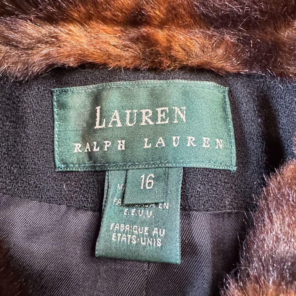 90s Ralph Lauren 100% Lambs Wool Jacket Suit Womens Sz 16 Faux Fur Collar Black - Picture 3 of 12